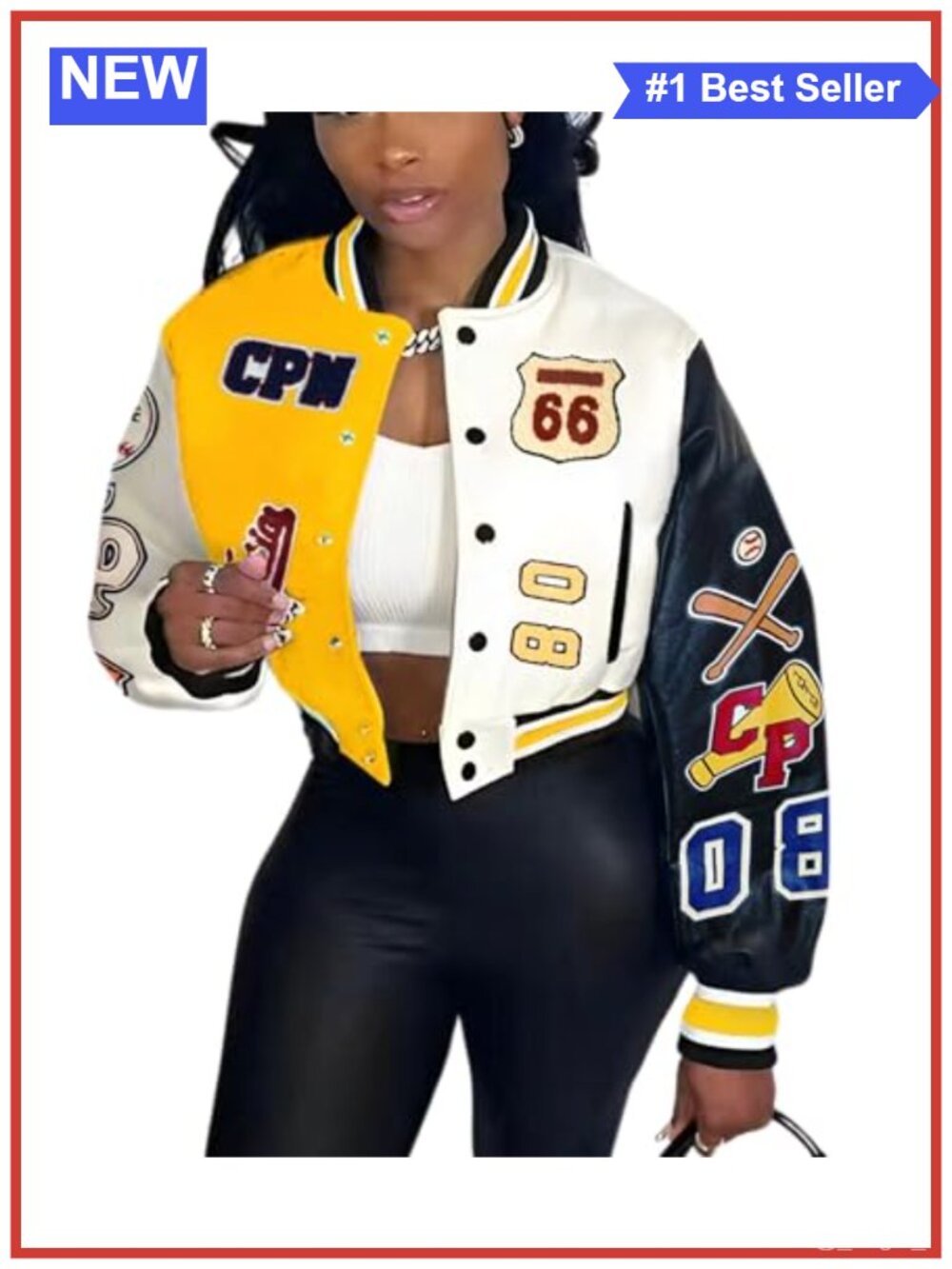 Faux Leather Varsity Bomber Jacket with Patches Print Button Up Collar